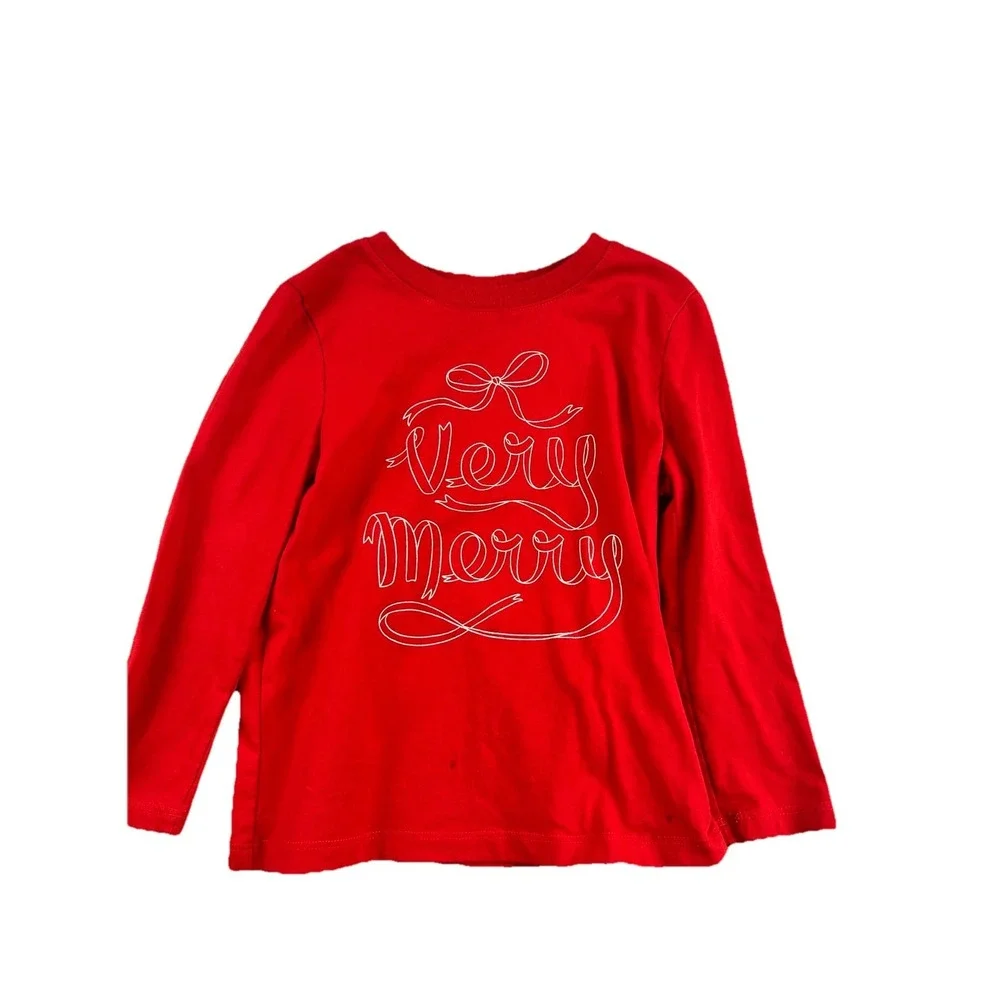 Cat & Jack Very Merry T-Shirt Unisex Kids 4T Red Long Sleeve Holiday Graphic Tee